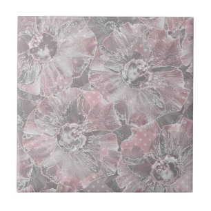 Pink grey stylish large flowers ceramic tile
