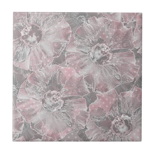 Pink grey stylish large flowers ceramic tile (Front)