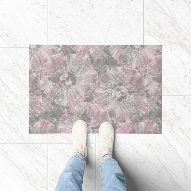 Pink grey stylish large flowers doormat (Indoor)