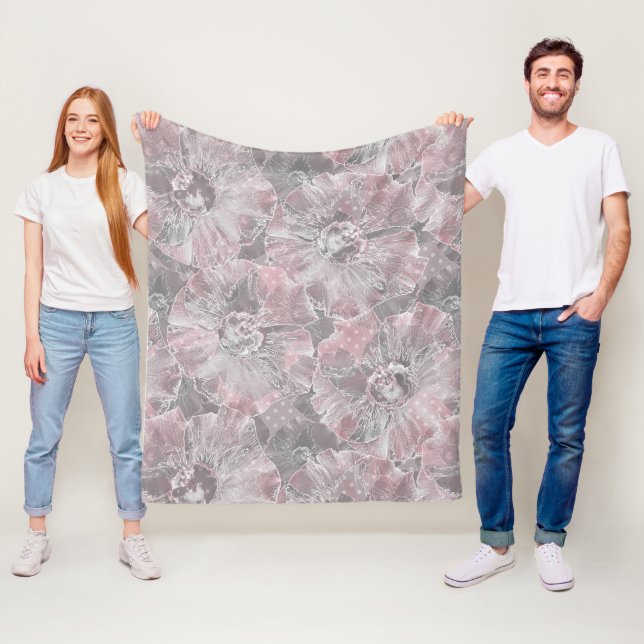 Pink grey stylish large flowers fleece blanket (In Situ)