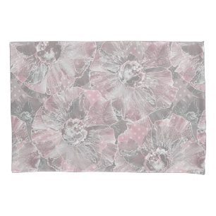 Pink grey stylish large flowers pillow case