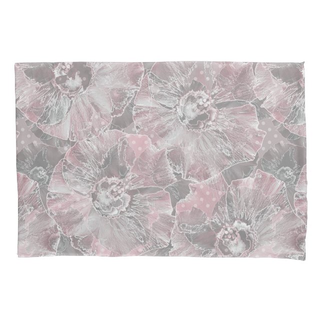 Pink grey stylish large flowers pillow case (Front)