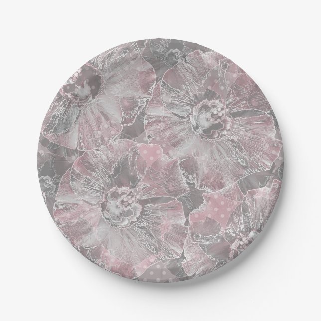 Pink ,grey ,stylish ,large ,flowers, pink flowers, paper plates (Front)