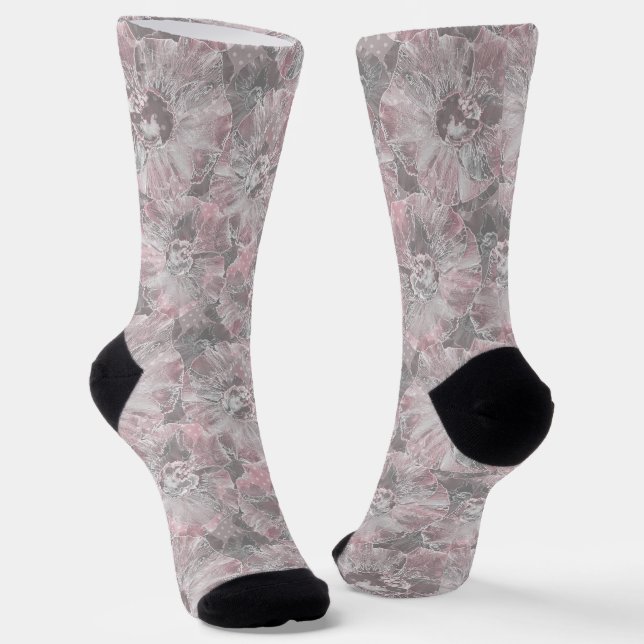 Pink ,grey ,stylish ,large ,flowers, pink flowers, socks (Angled)