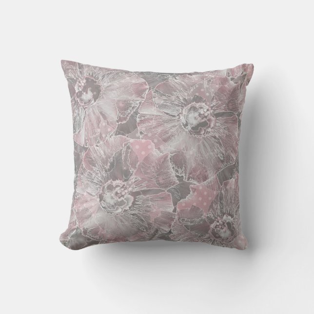 Pink grey stylish large flowers throw pillow (Front)