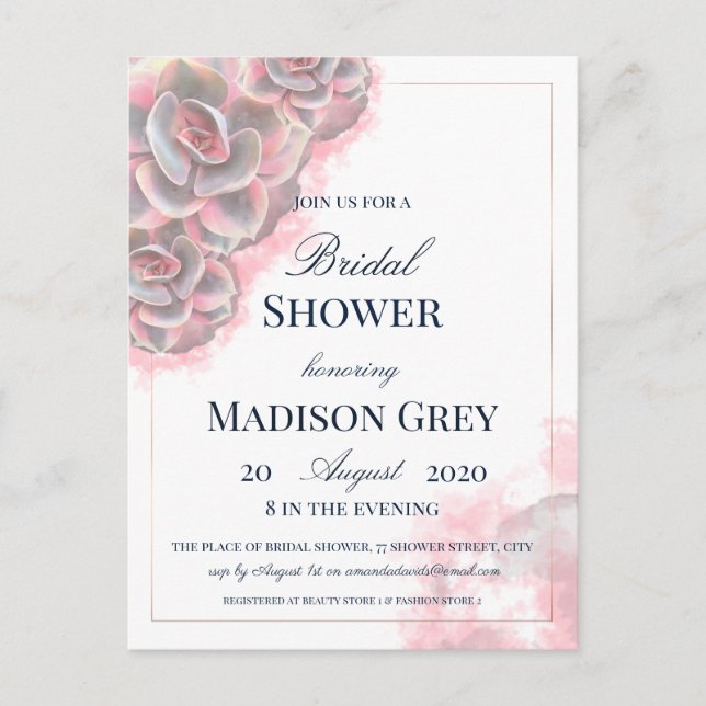Pink & Grey Watercolor Succulents Bridal Shower Invitation Postcard (Front)
