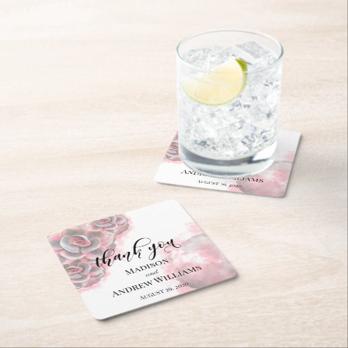 Pink  Grey Watercolor Succulents Thank You Square Paper Coaster