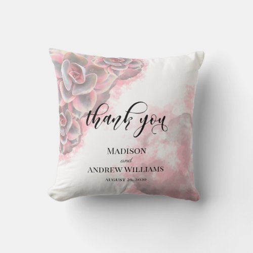 Pink  Grey Watercolor Succulents Thank You Throw Pillow