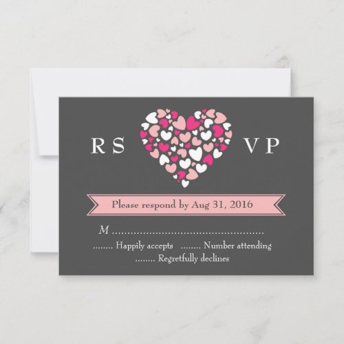 Pink Grey Wedding RSVP Card with Love and Heart