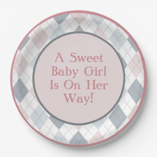 Pink Grey White Argyle Patterned  Paper Plates