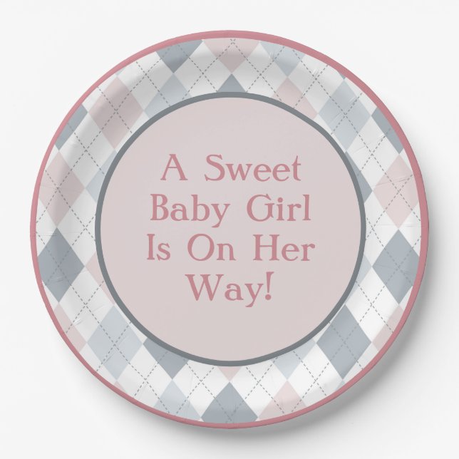 Pink Grey White Argyle Patterned  Paper Plates (Front)