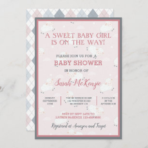 Pink Grey White Baby Lambs Leaping Baby Shower Invitation