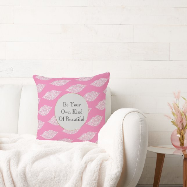 Pink Grey White Diamond Lips Throw Pillow (Couch)