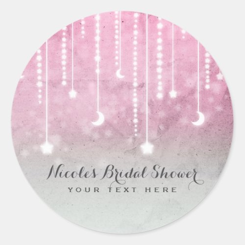 Pink Grey White Moon  Stars Celestial Baby Shower Classic Round Sticker