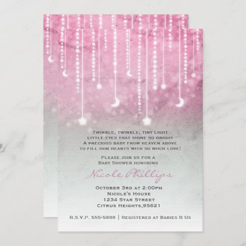 Pink Grey White Moon  Stars Celestial Baby Shower Invitation
