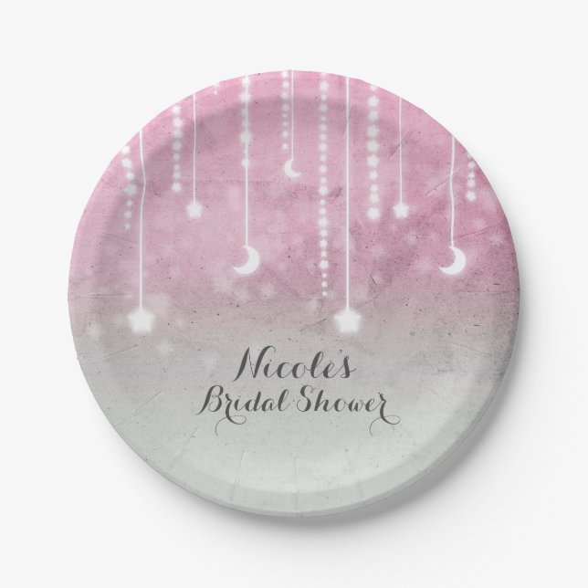 Pink Grey White Moon & Stars Celestial Baby Shower Paper Plates (Front)