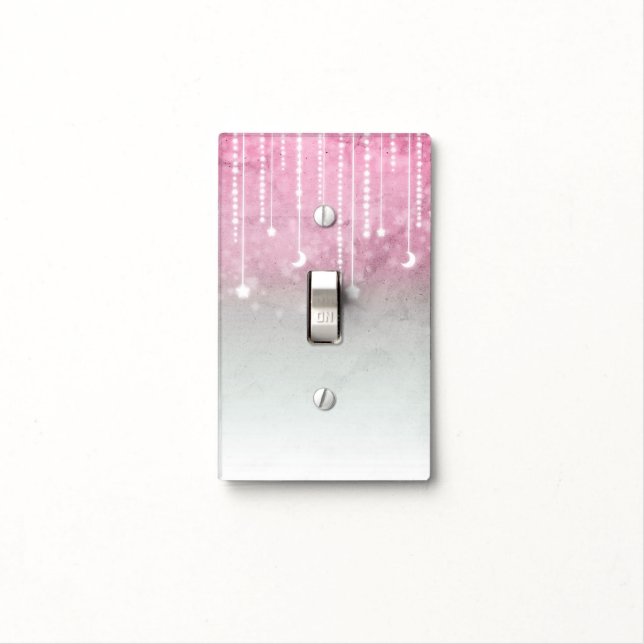 Pink Grey White Moon & Stars Celestial Girls Light Switch Cover (In Situ)