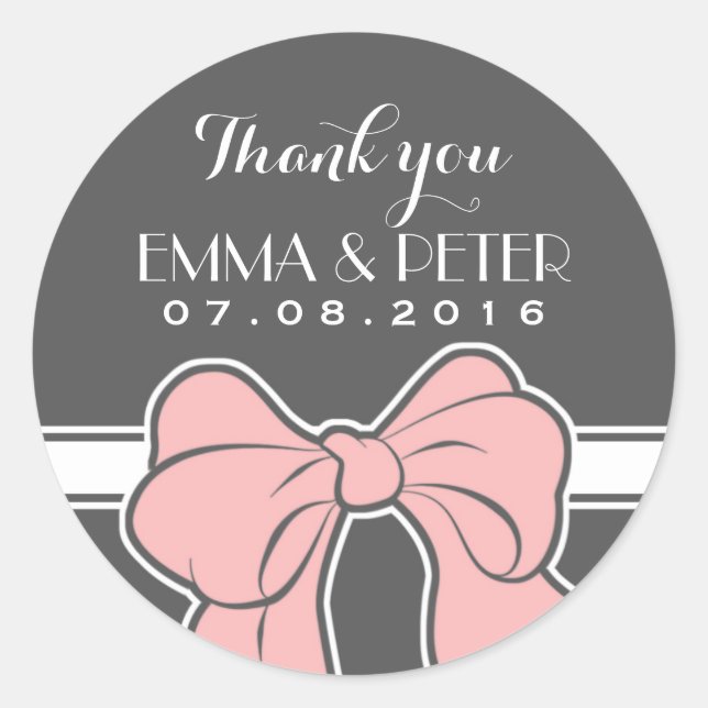 Pink Grey White Ribbon Bow Wedding Favor Sticker (Front)