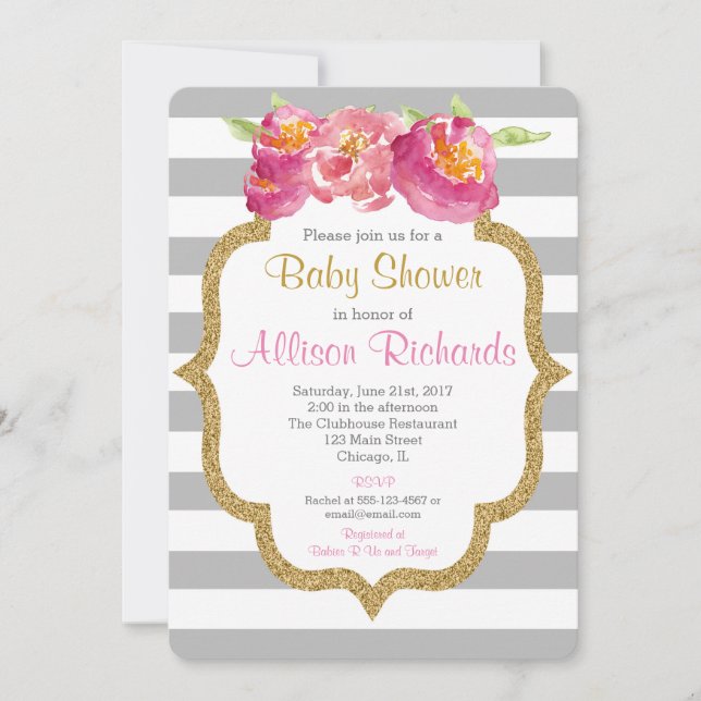 pink grey white stripes baby shower invitation (Front)