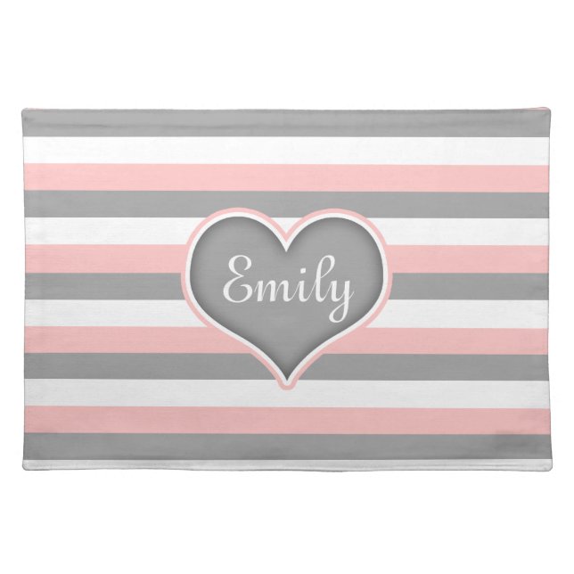 Pink Grey White Stripes & Heart Cloth Placemat (Front)