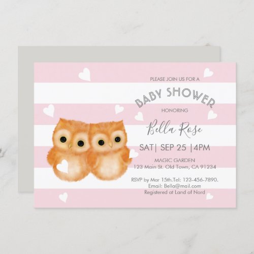 Pink Grey Woodland Owl Baby Shower Invitations