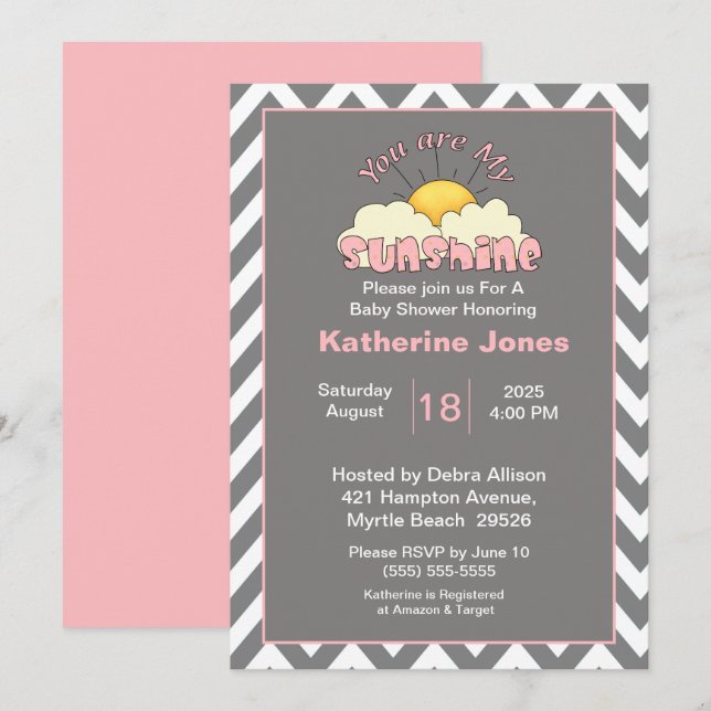Pink Grey  You Are My Sunshine Baby Shower Invitation (Front/Back)