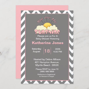 Pink Grey You Are My Sunshine Baby Shower Invitation