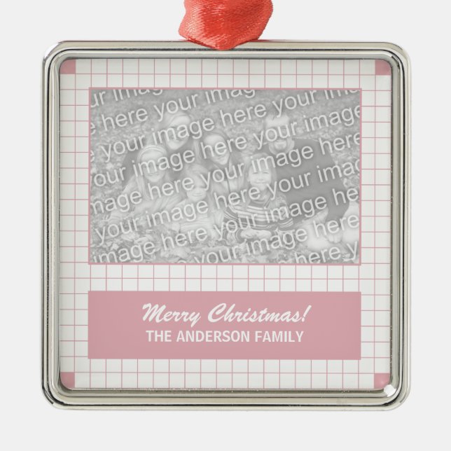 Pink Grid Photo Metal Ornament (Front)