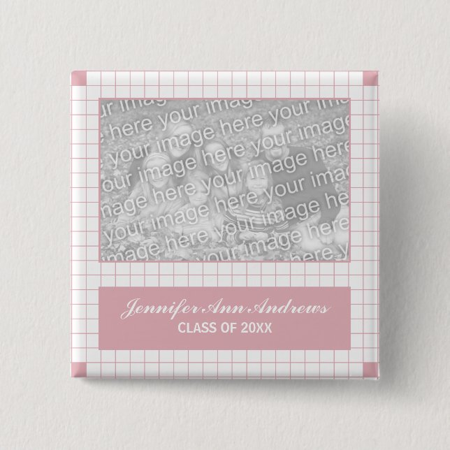 Pink Grid Photo Pinback Button (Front)