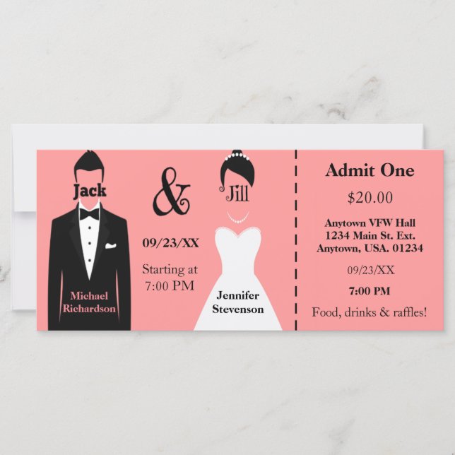 Pink Groom and Bride Jack and Jill Shower Ticket (Front)