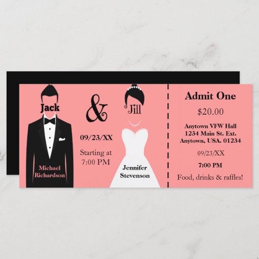 Pink Groom and Bride Jack and Jill Shower Ticket Zazzle