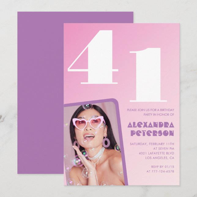 Pink Groovy 41st birthday invitations Retro Photo (Front/Back)