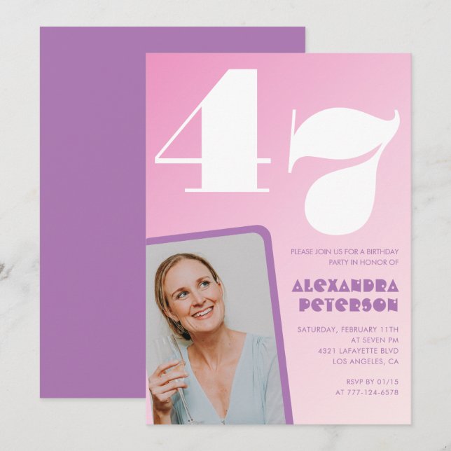 Pink Groovy 47th birthday invitations Retro Photo (Front/Back)