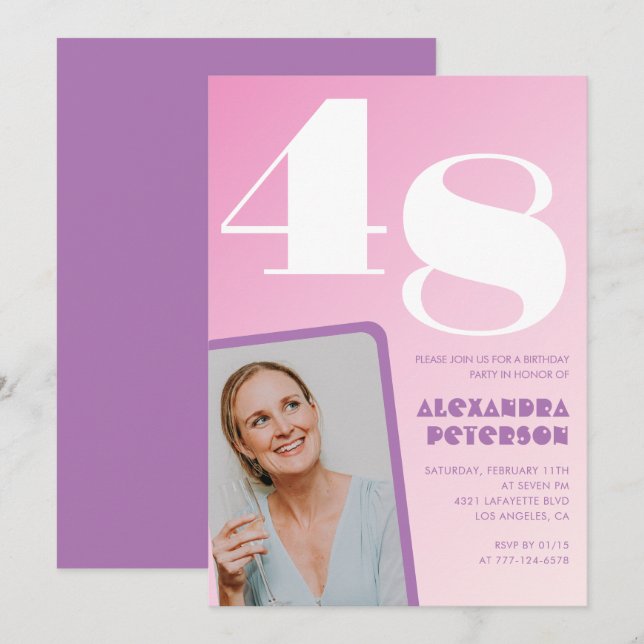 Pink Groovy 48th birthday invitations Retro Photo (Front/Back)