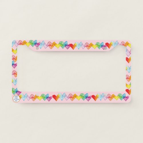 Pink Groovy 60s Watercolor Hearts Cute Colorful License Plate Frame