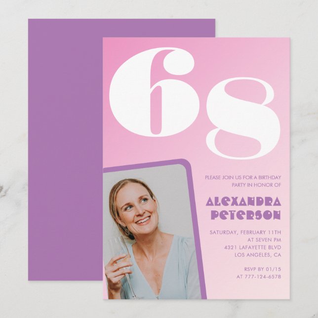 Pink Groovy 68th birthday invitations Retro Photo (Front/Back)