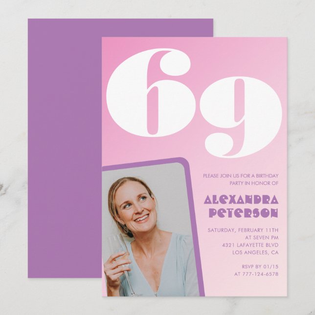 Pink Groovy 69th birthday invitations Retro Photo (Front/Back)