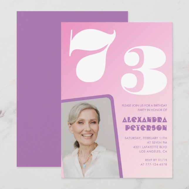 Pink Groovy 73rd birthday invitations Retro Photo (Front/Back)