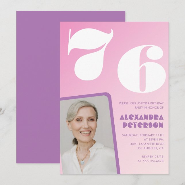 Pink Groovy 76th birthday invitations Retro Photo (Front/Back)
