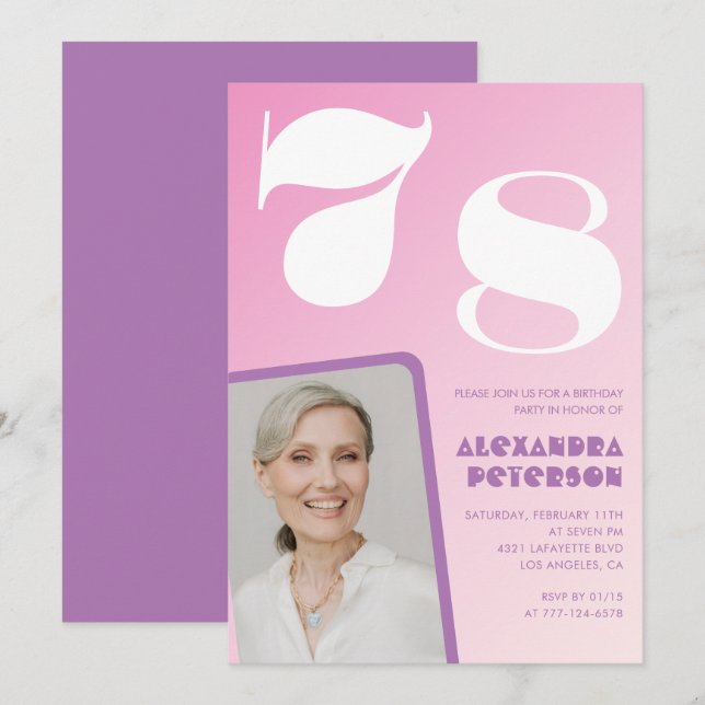 Pink Groovy 78th birthday invitations Retro Photo (Front/Back)