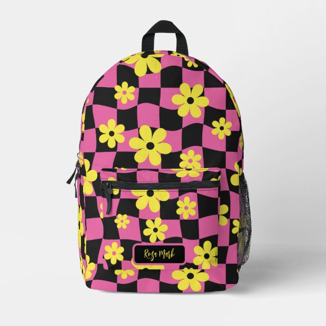 Pink Groovy Daisy Floral Checkerboard Printed Backpack (Front)
