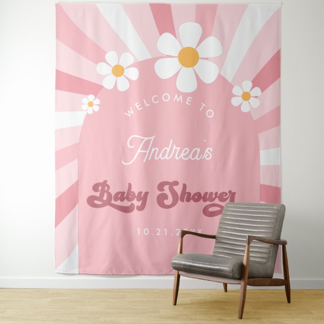 Pink Groovy Daisy Retro 70s Baby Shower Backdrop   (In Situ)
