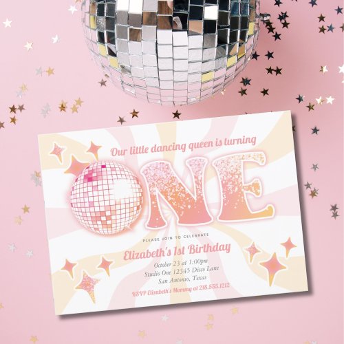 Pink Groovy Disco Dancing Queen First Birthday Invitation