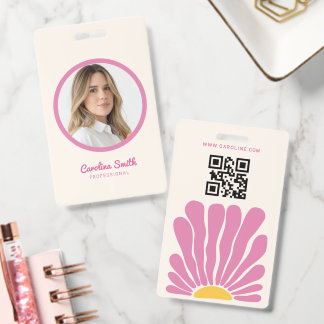 pink Groovy flower retro boho business Badge