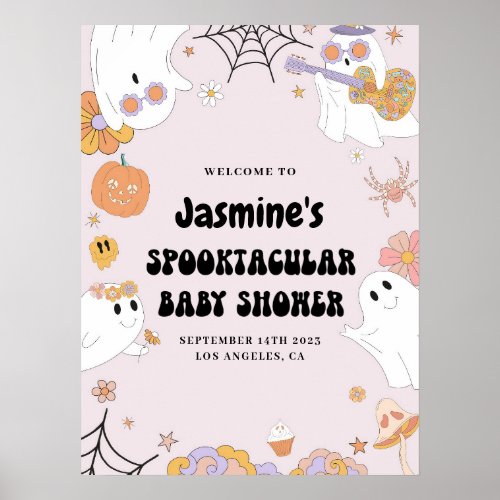 Pink Groovy Ghost Baby Shower Welcome Sign