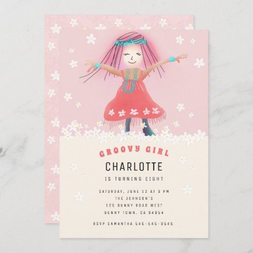 Pink Groovy Girl Boho Cute Floral Birthday Party Invitation