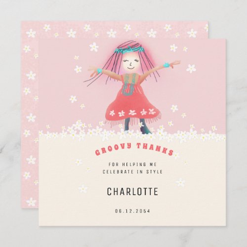 Pink Groovy Girl Boho Cute Floral Birthday Party Thank You Card