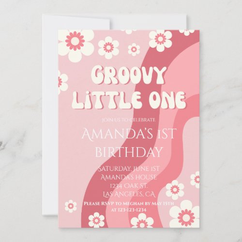 Pink Groovy One 70s Girl Retro 1st Birthday Invitation