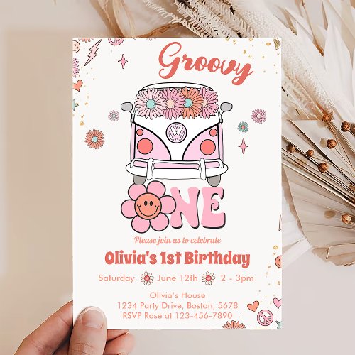 Pink Groovy One Retro 1st Birthday Invitation