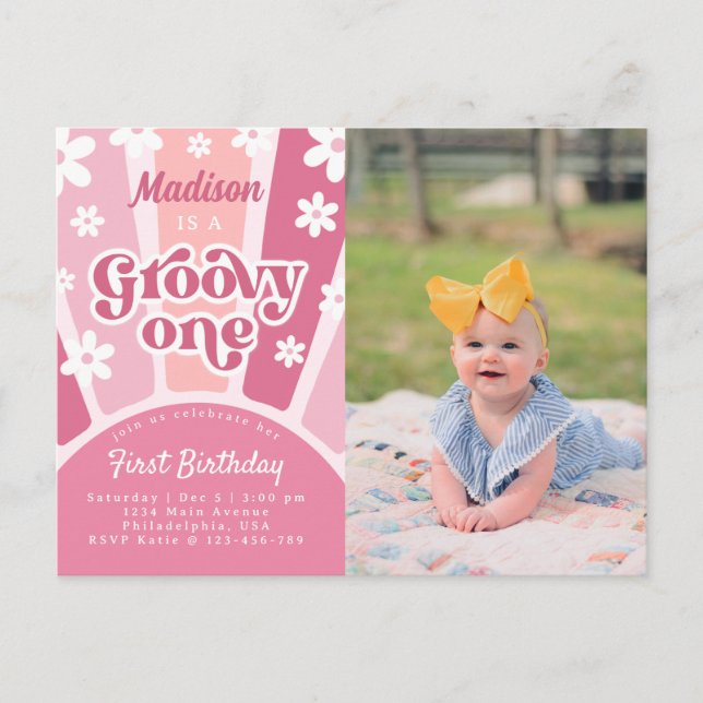 Pink Groovy One Retro 70s Girls Photo Birthday Postcard (Front)